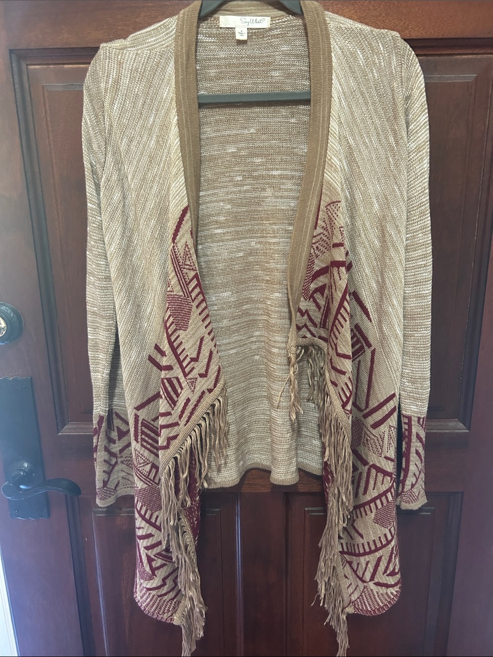 Say What? Beige Knit Fringe Open-Front Cardigan with Burgundy Geometric Trim